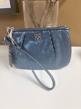 Coach Blue Sequin Wristlet Wallet Leather Strap Limited Edition - EUC